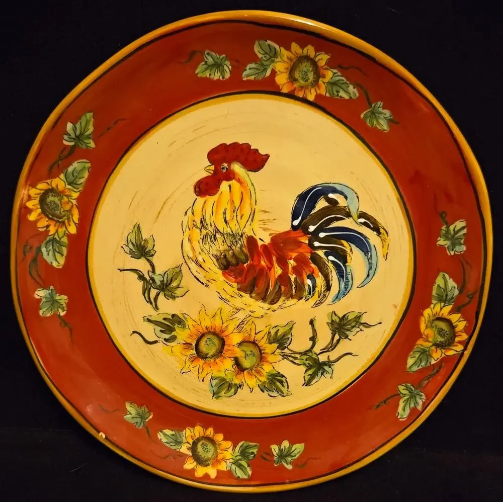 Maxcera Red Rooster Dinner Plate Sunflower Hand Painted Ceramic Farmhouse